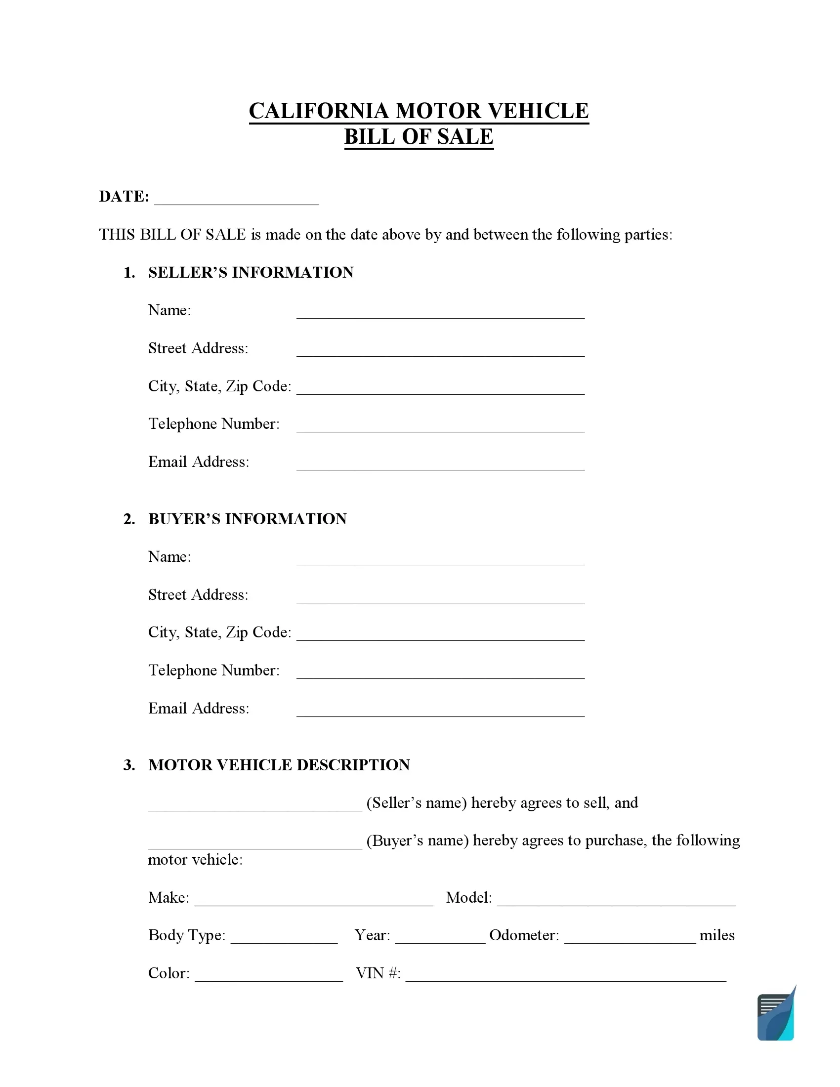 Free California Bill Of Sale Forms PDF FormsPal