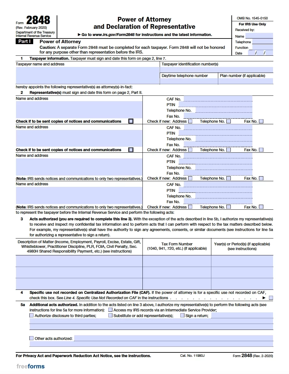 Free Delaware Tax Power Of Attorney Form 2848 PDF