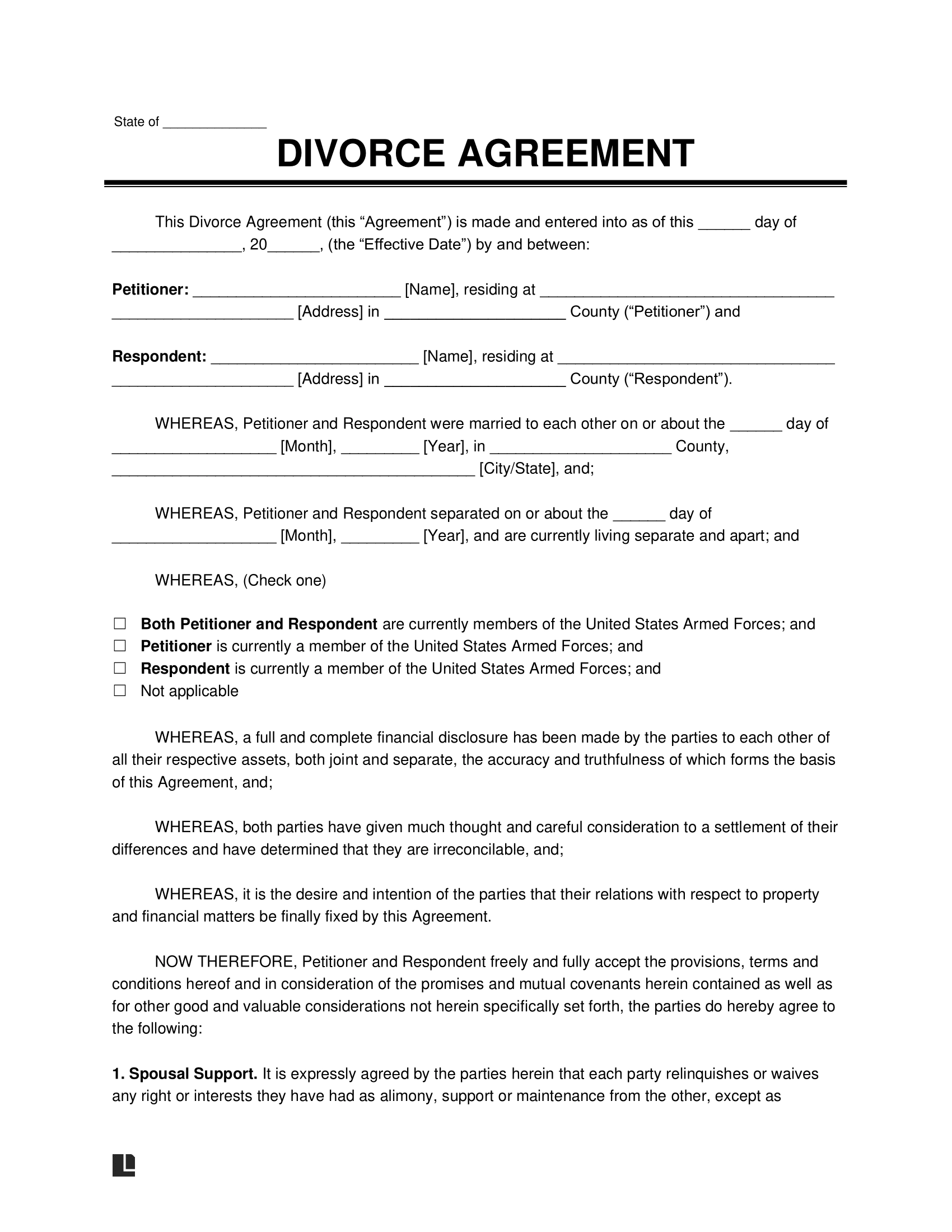 Free Divorce Agreement Template PDF amp Word