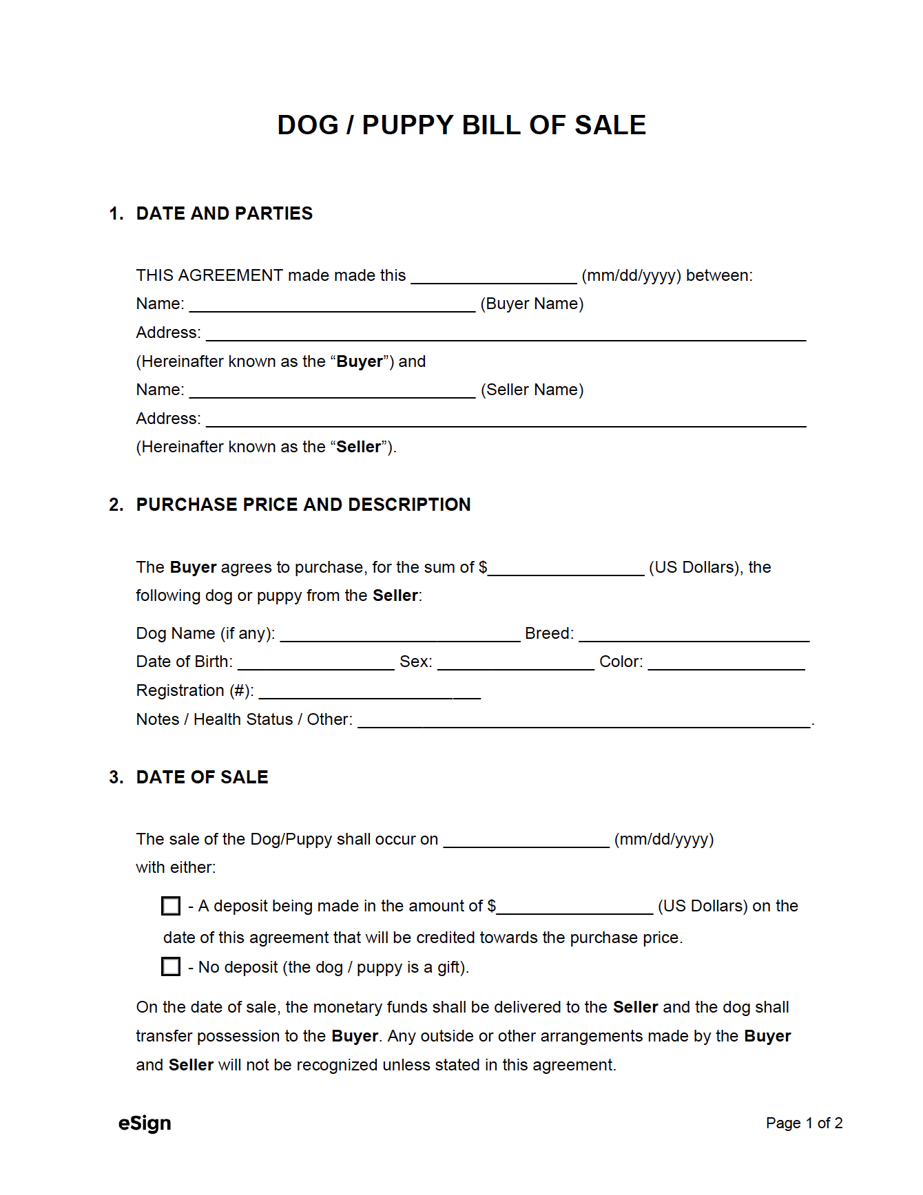 Printable Blank Puppy Sale Contract Templates