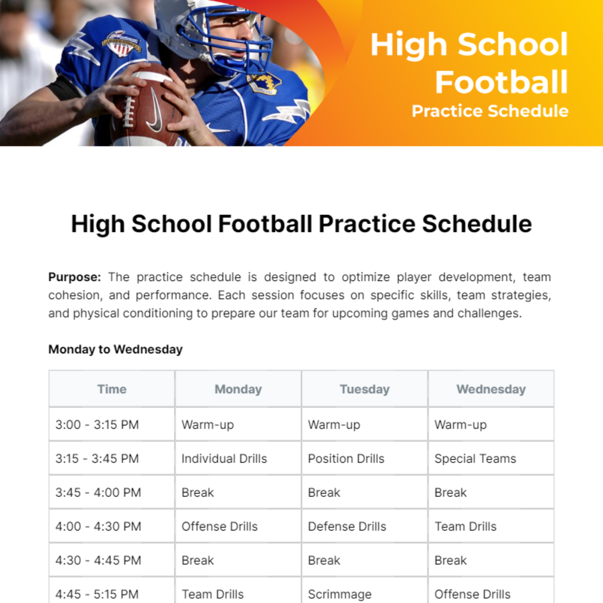 Free High School Football Practice Schedule Template To Edit Online