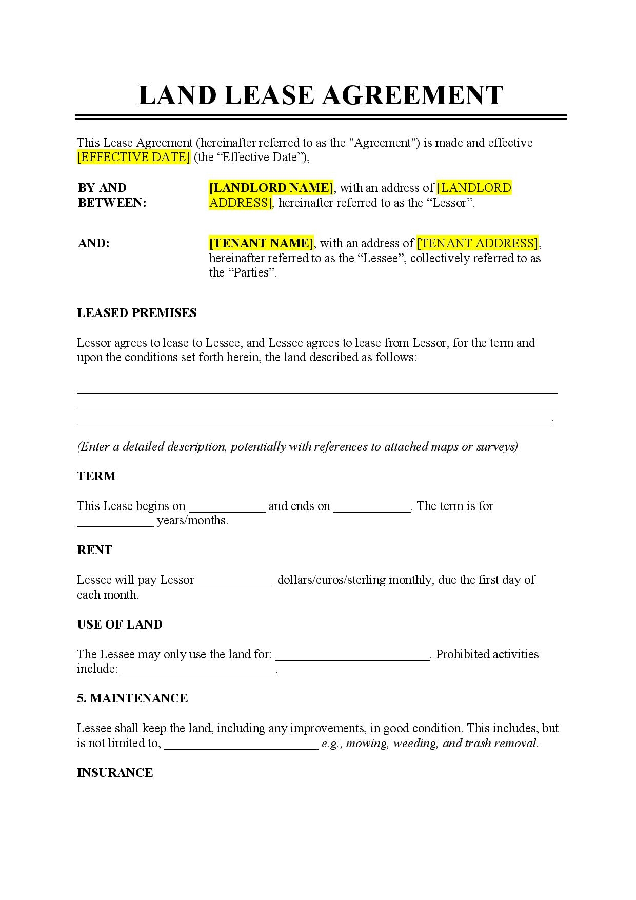 Free Land Lease Agreement Template PDF amp Word