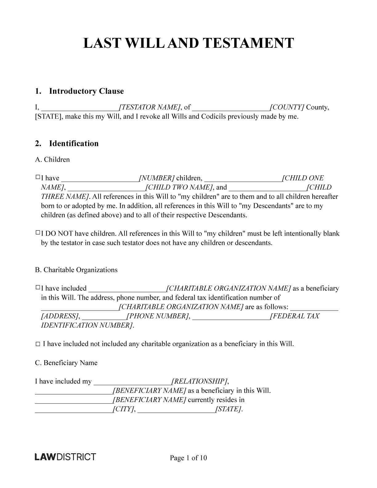 Free Last Will amp Testament Form Printable PDF amp Word Lawdistrict