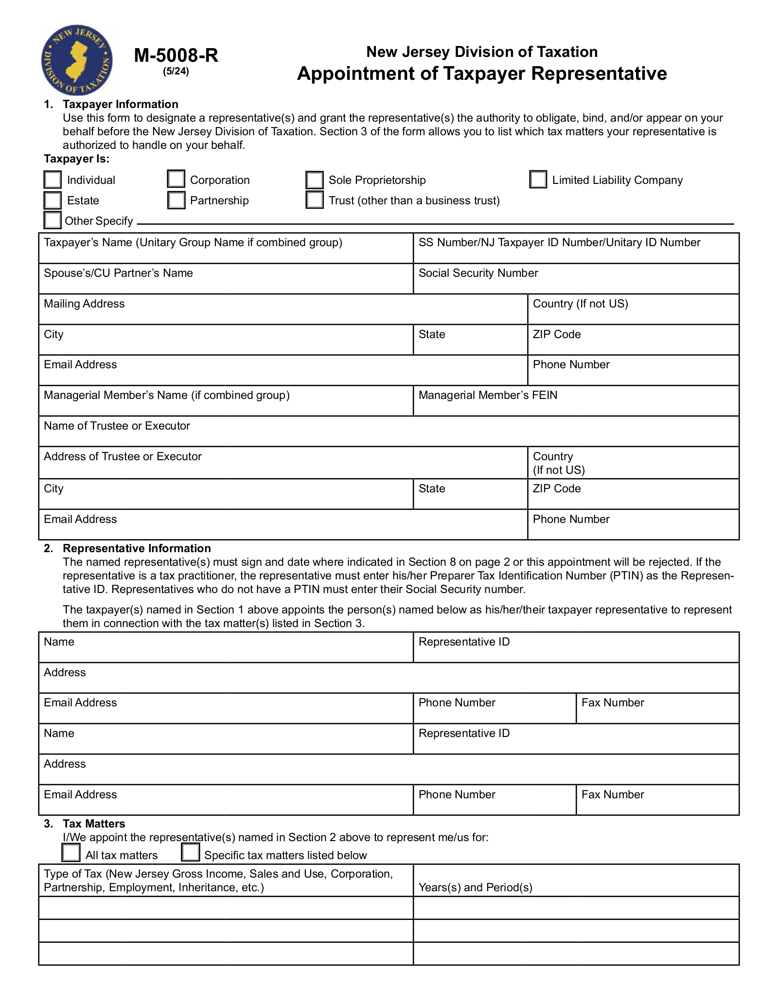 Free New Jersey Tax Power Of Attorney Form M 5008 R PDF EForms