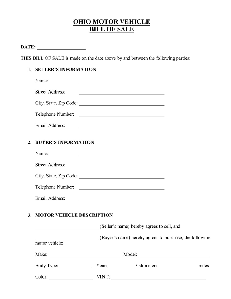 Free Ohio Vehicle Bill Of Sale Forms Word PDF