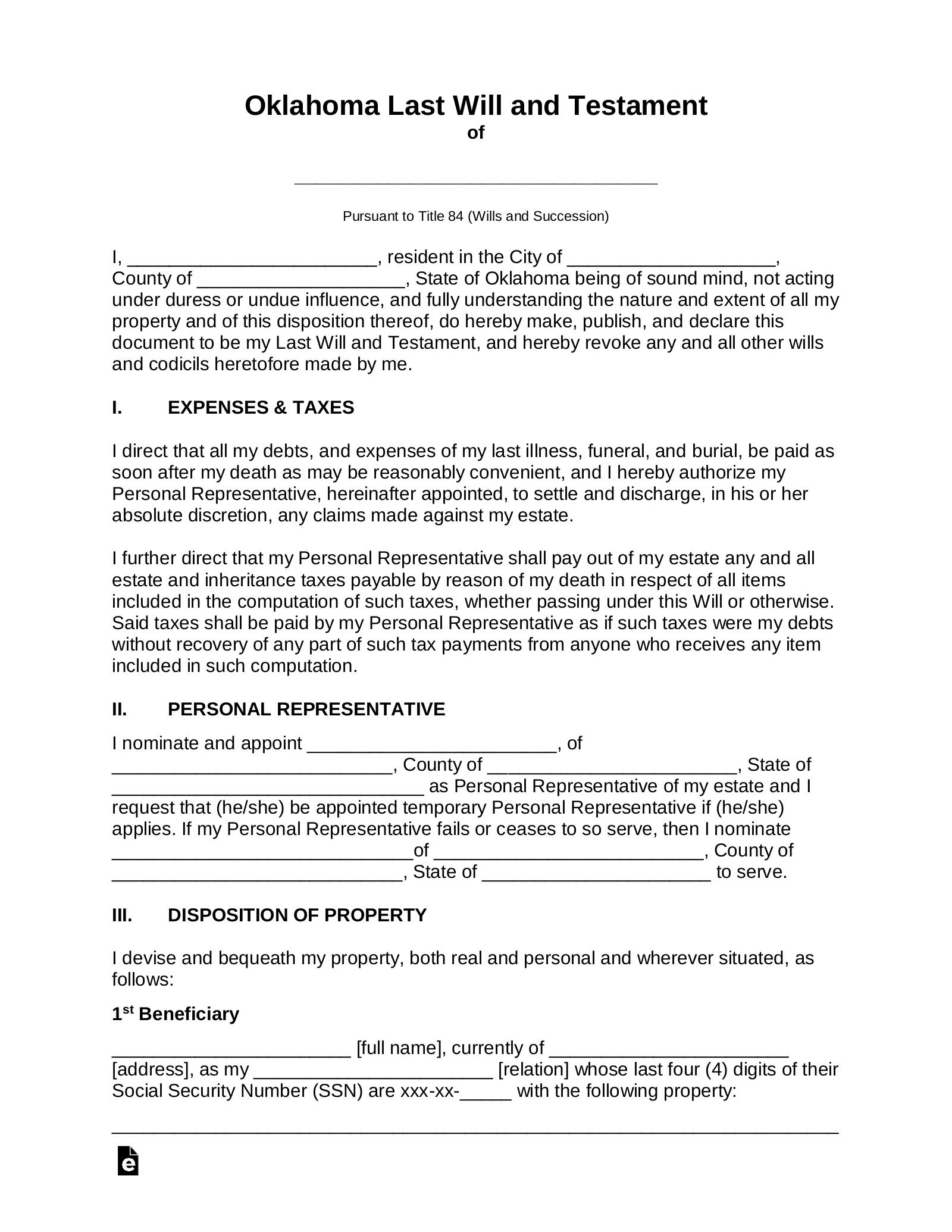 Free Oklahoma Last Will And Testament Template PDF Word EForms
