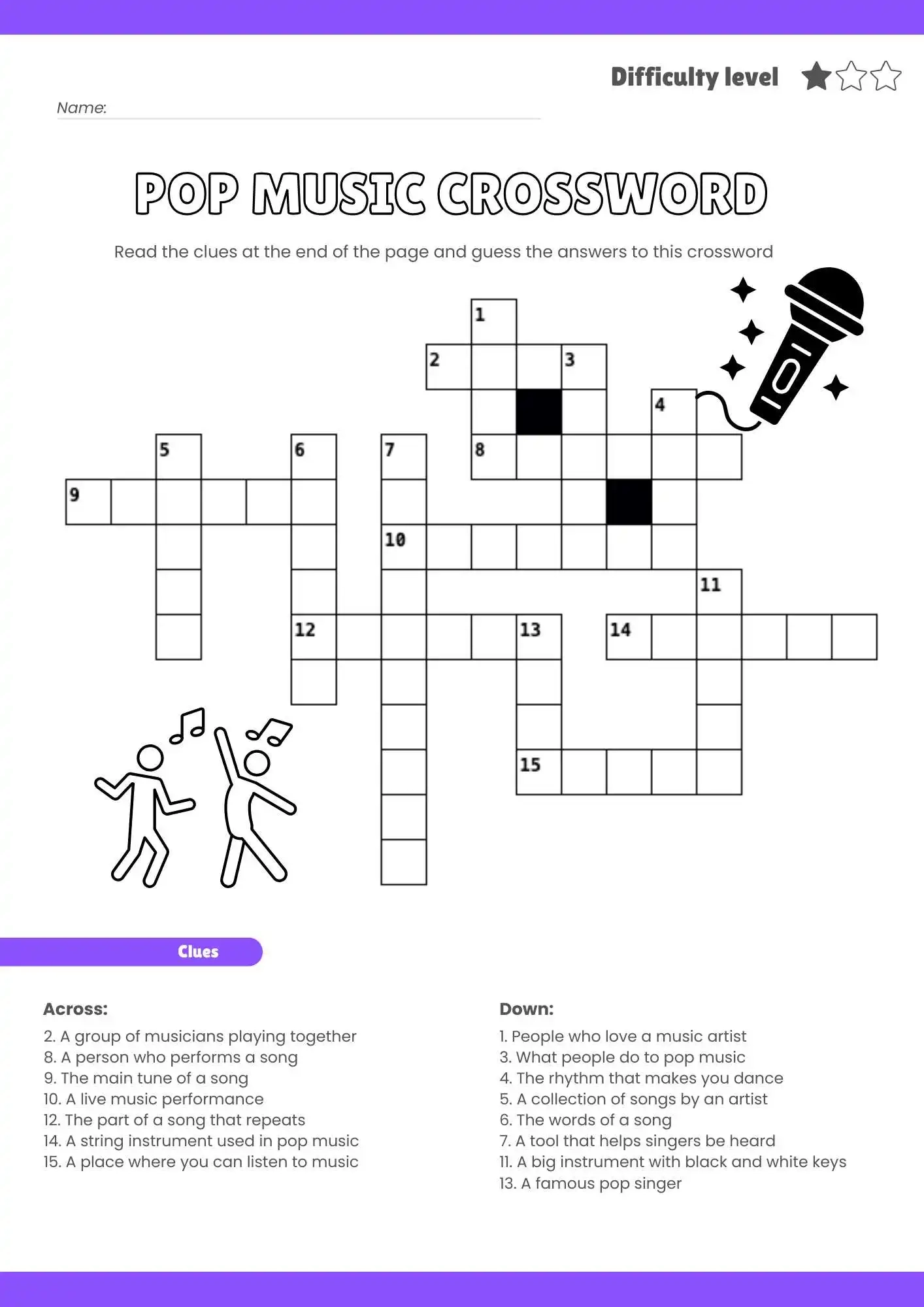 Free Pop Music Crossword Puzzle Printable Fun For Kids amp Music 
