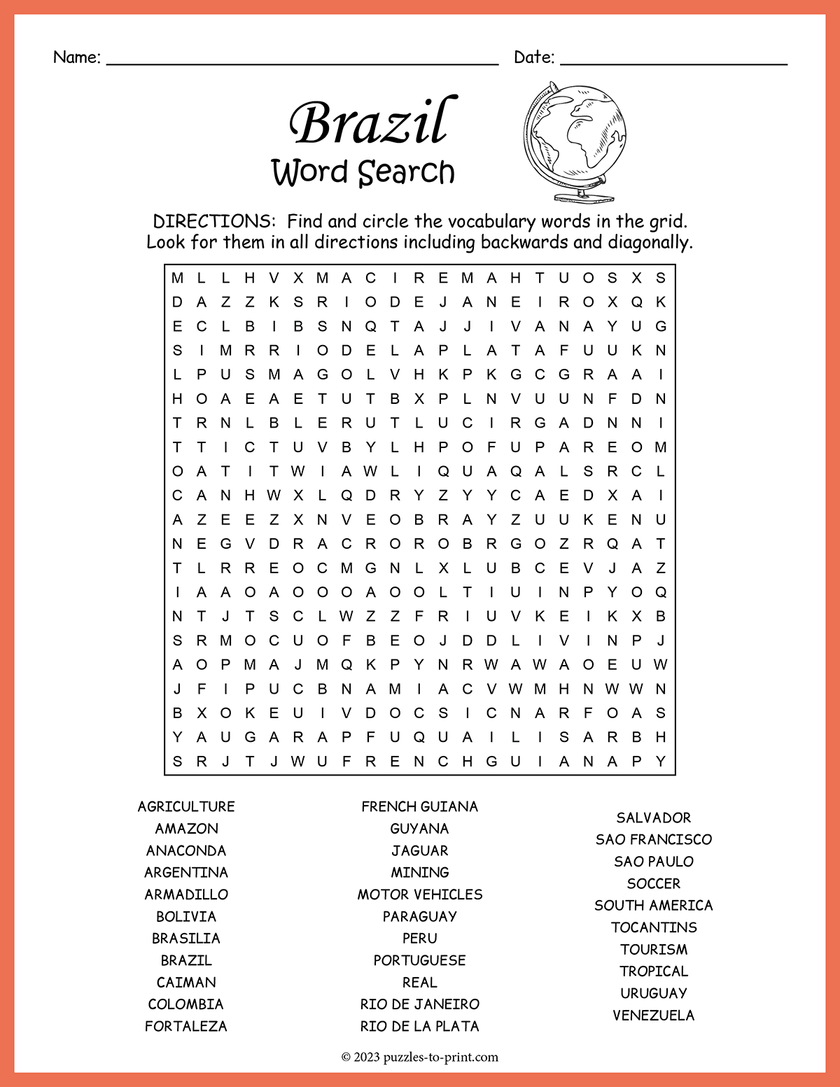 Free Printable Brazil Word Search