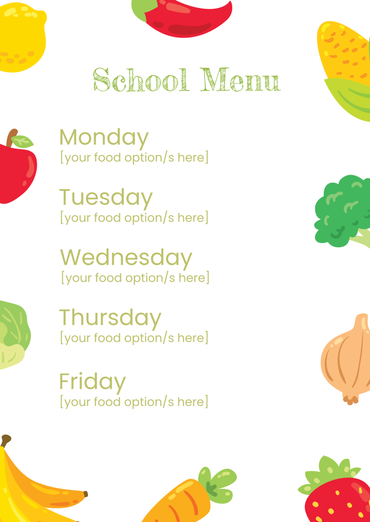 Free Printable School Lunch Menu Template
