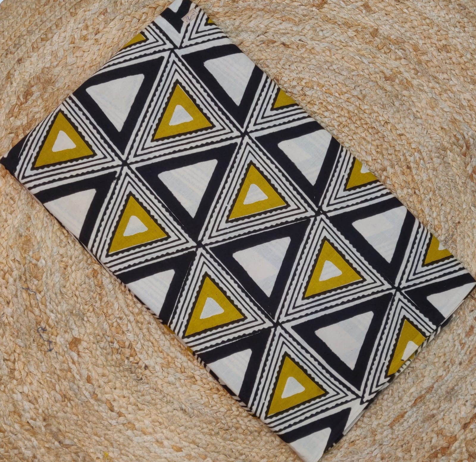 Geometric Ivory And Mustard Triangle Print Cotton Fabric Hand 