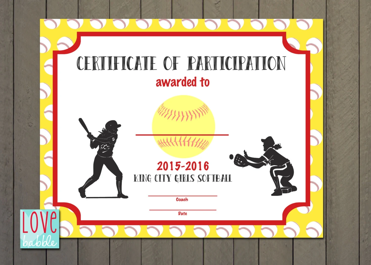 Girls Softball Baseball T Ball Award Certificate PRINTABLE DIGITAL 