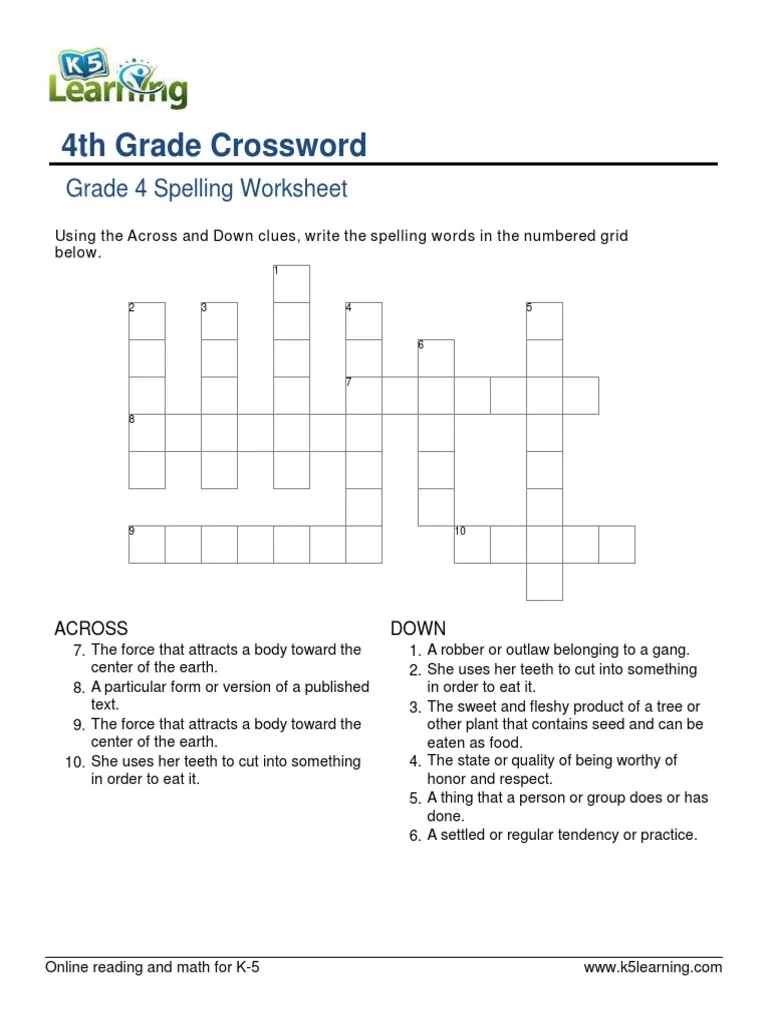Grade 4 Crossword 4 PDF Crossword Plants