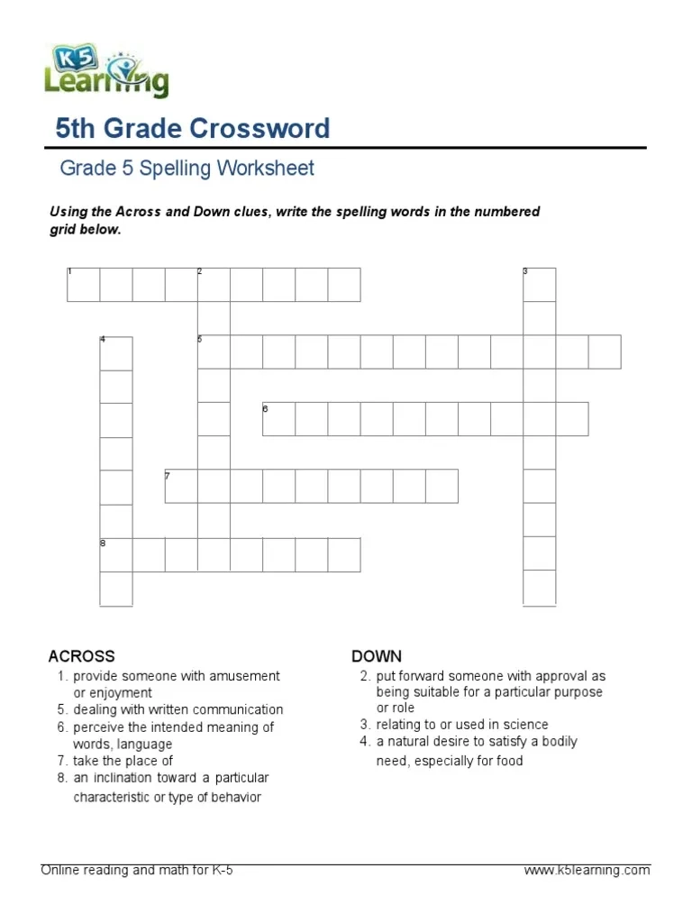 5th Grade Printable Crossword Puzzles