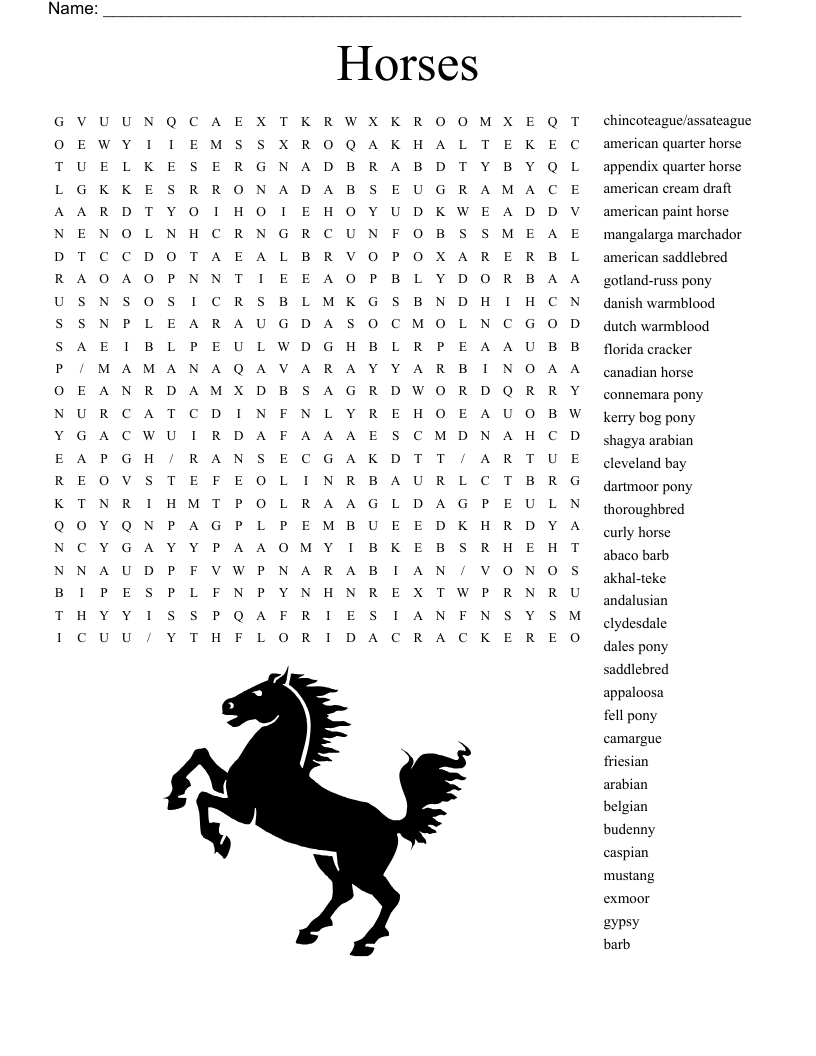 Horse Crossword Puzzles Printable