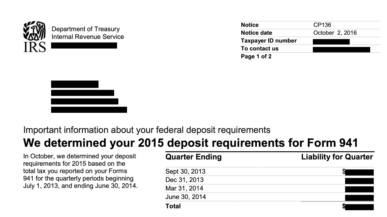 How To Understand Your CP136 Notice IRS Has Determined Your Form 941 Deposit Requirements 
