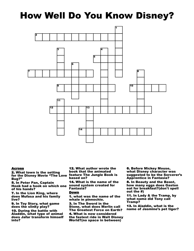 Disney Printable Crossword Puzzles Hard