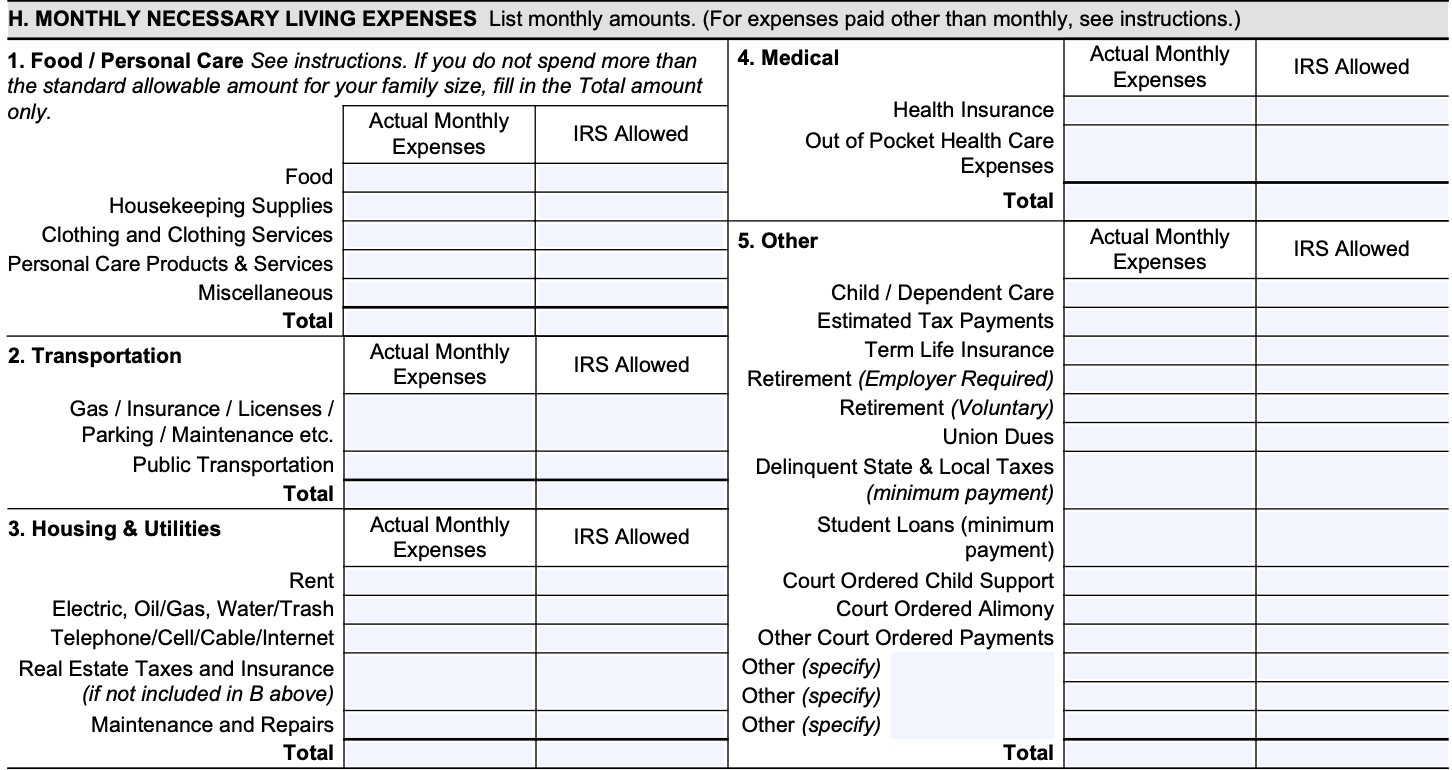 IRS Form 433 F Instructions The Collection Information Statement