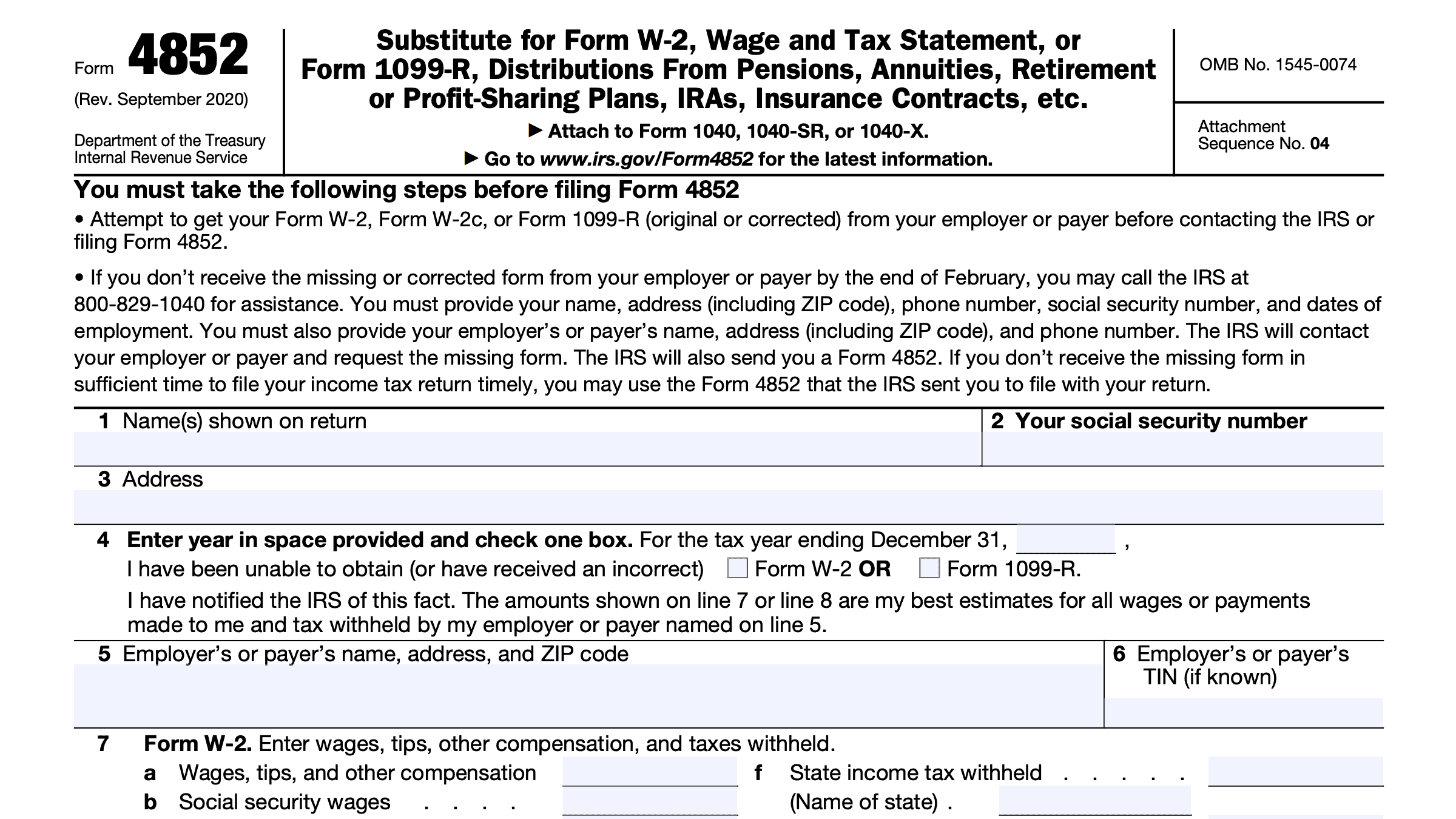 IRS Form 4852 Instructions Substitute Forms