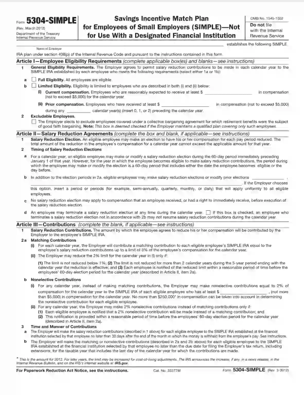 IRS Form 5304 SIMPLE Fill Out Printable PDF Forms Online
