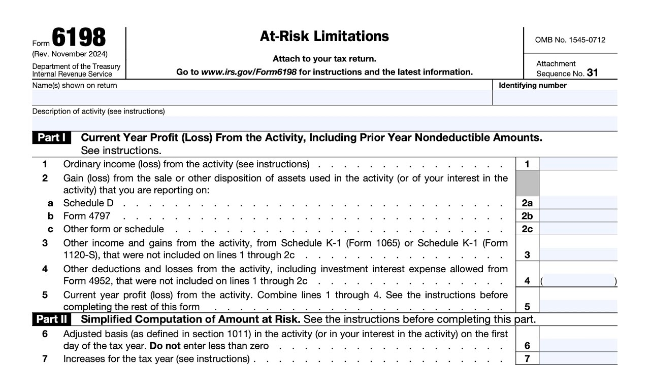 IRS Form 6198 Walkthrough At Risk Limitations 