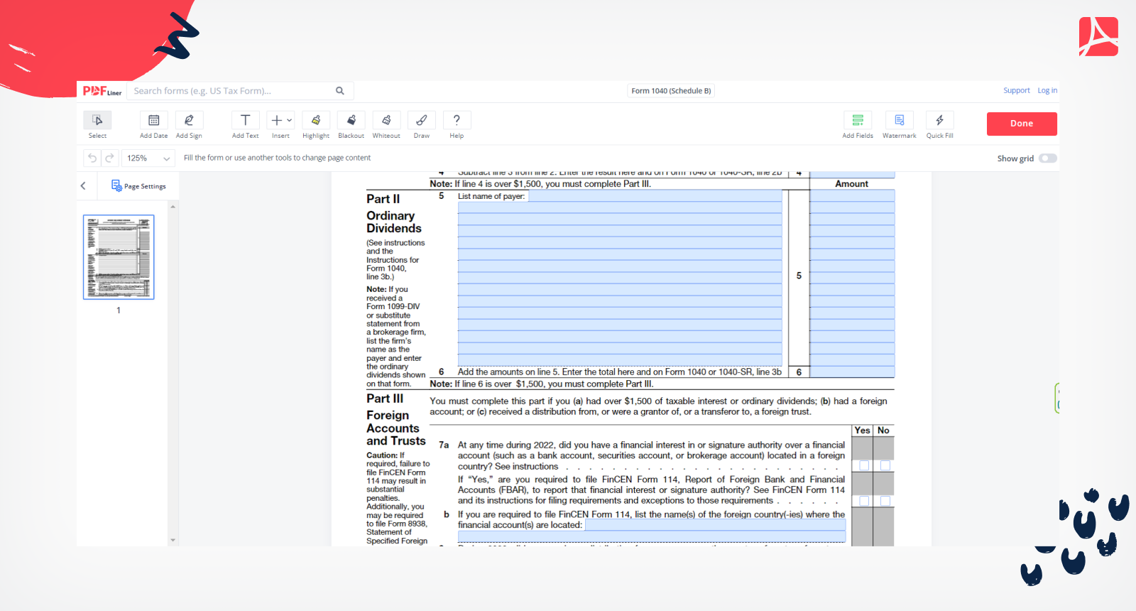 IRS Schedule B Form 1040 Sign Schedule B Online PDFliner
