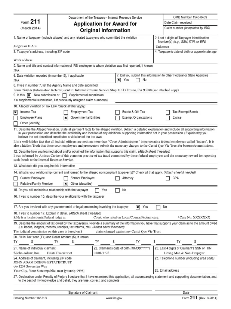 Irs Whistleblower Form 211 Printable
