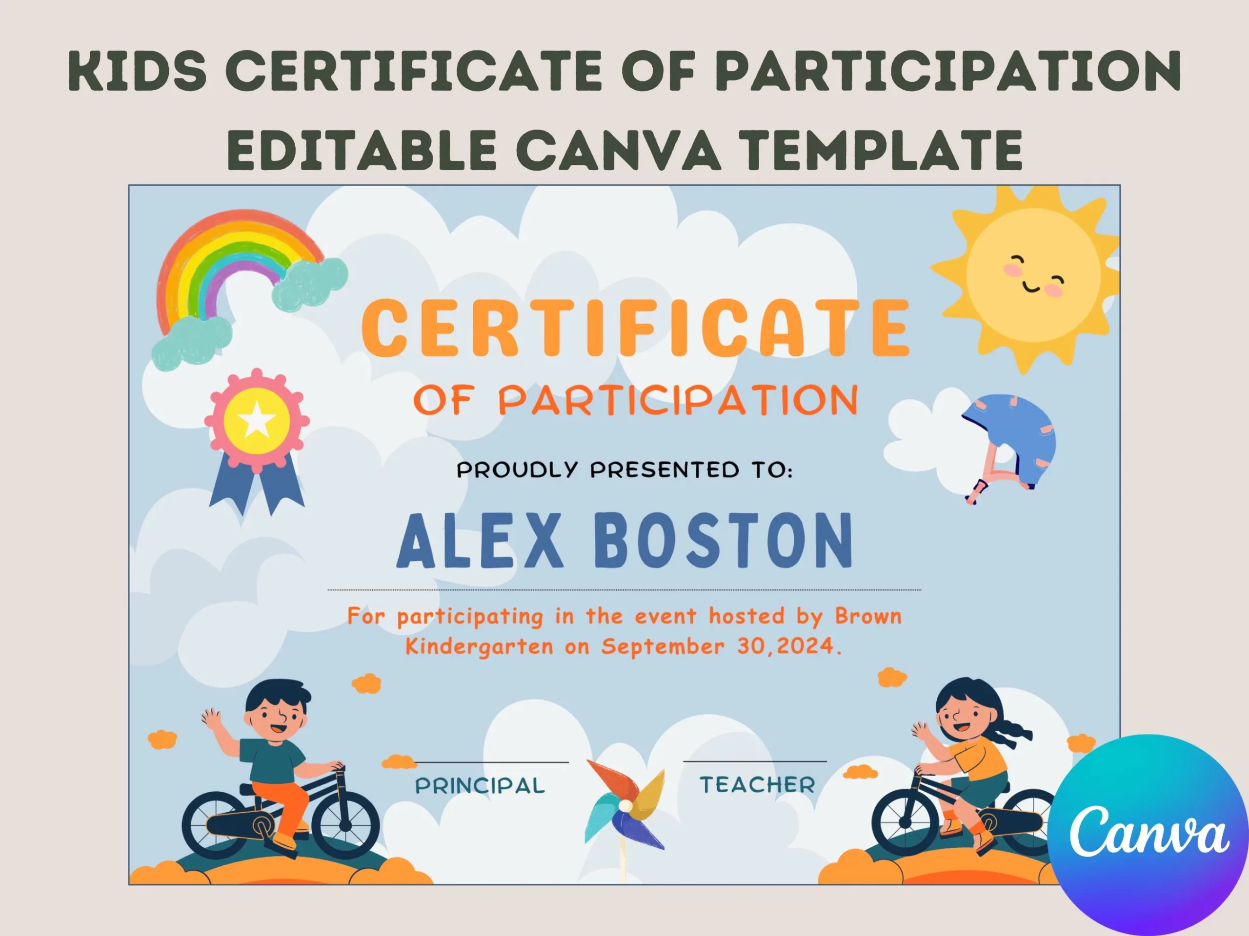 Kids Certificate Of Participation Canva Template Colorful Blue 