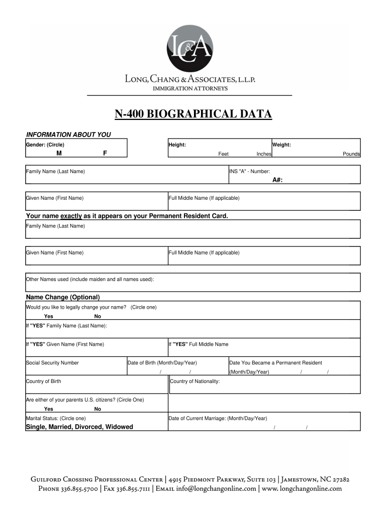 LCA N 400 Biographical Data Form Fill Online Printable 