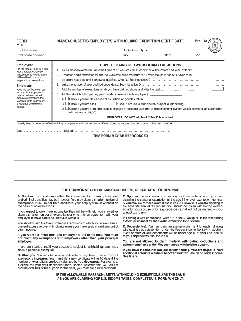 Massachusetts Form M 4 Fill Out amp Sign Online DocHub