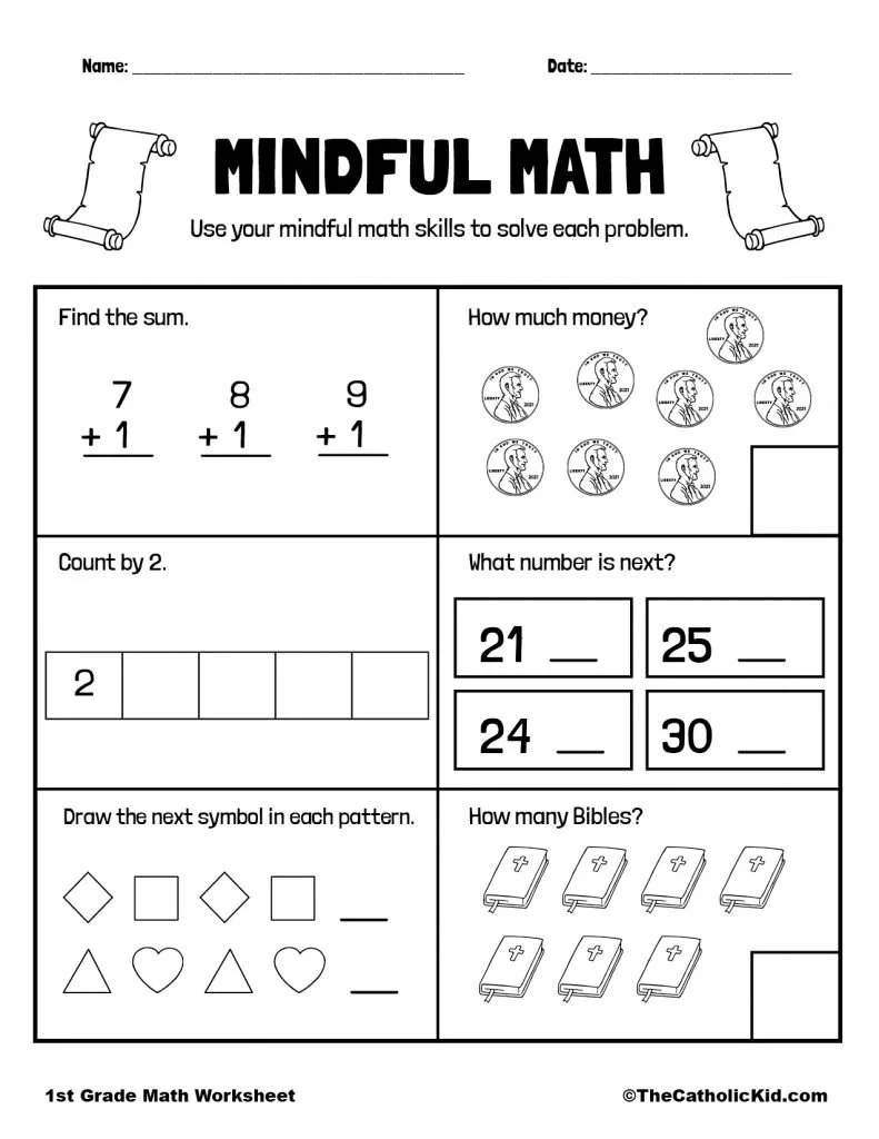 Math Review Printable 1st Grade Math Worksheet Catholic