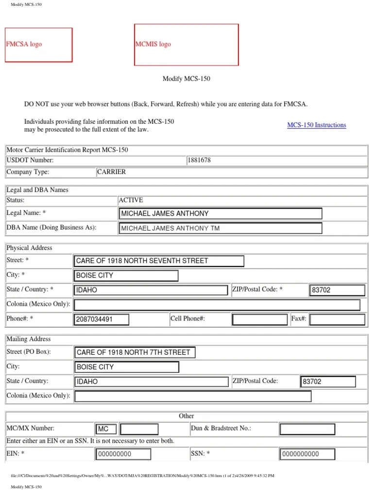 Printable Form Mcs 150 Form