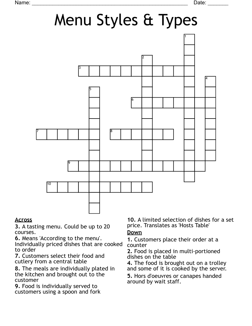 Menu Styles amp Types Crossword WordMint