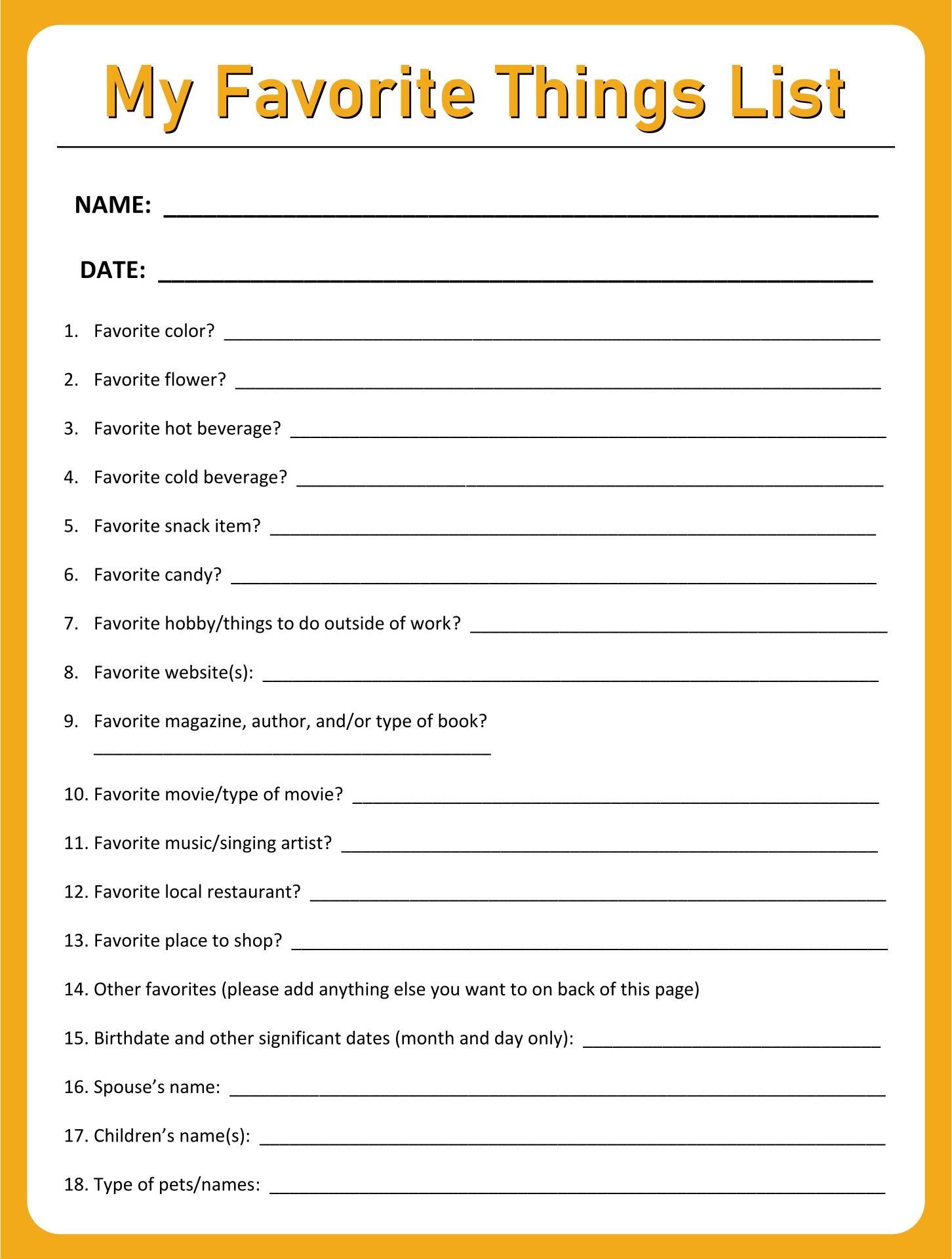 Printable Favorite Things Template