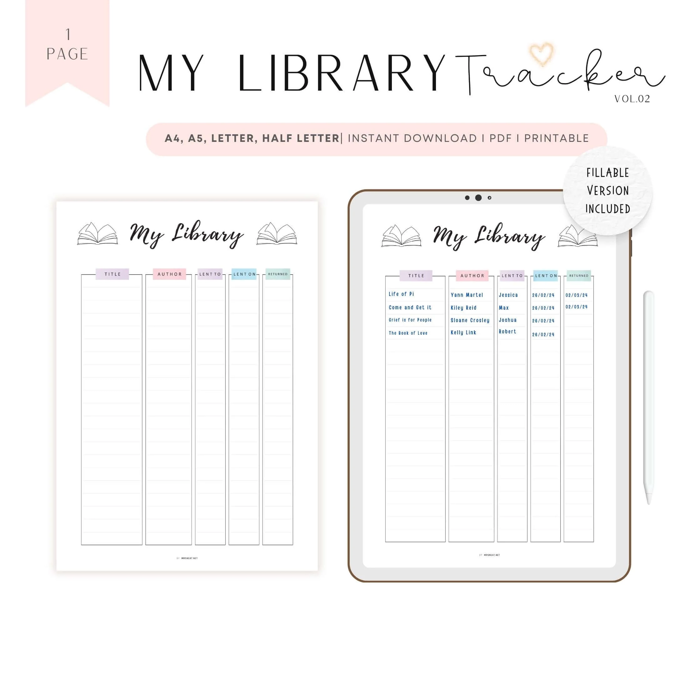 My Library Book Tracker Template PRINTABLE M432 Mrsneat