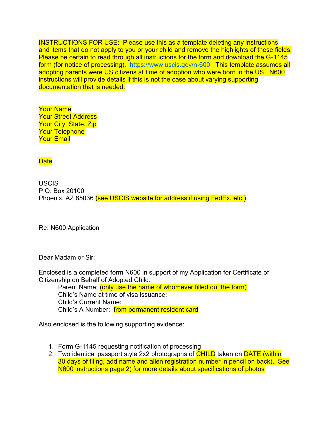 N600 Application Template For Adopted Child Citizenship