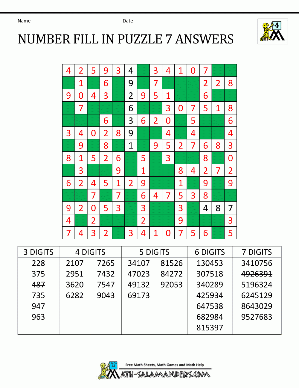 Numbers Crossword Puzzles Printable