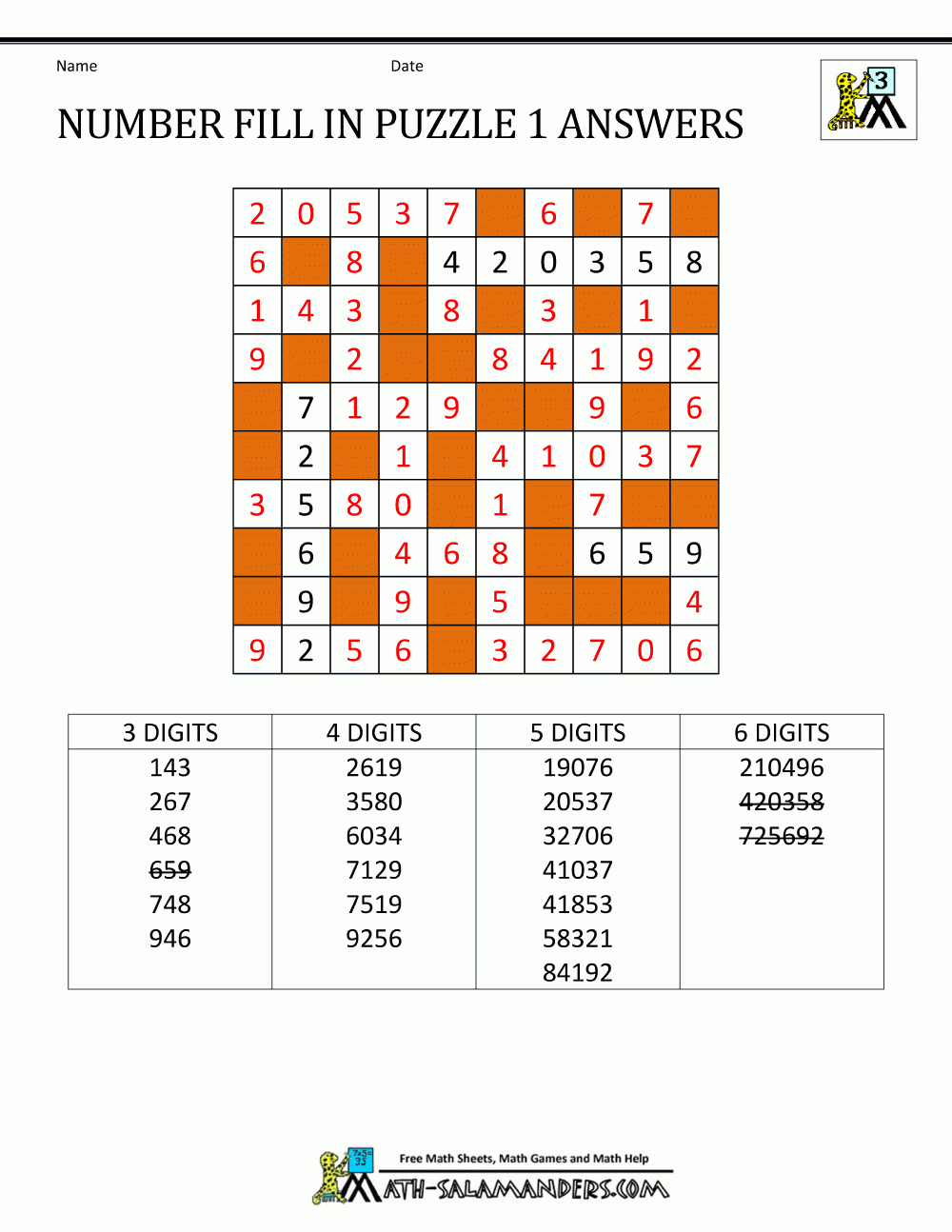 Number Fill In Puzzles