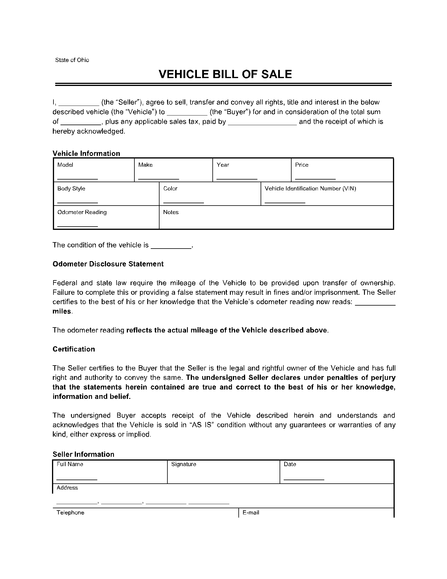 Ohio Vehicle Bill Of Sale Template 100 Free CocoSign