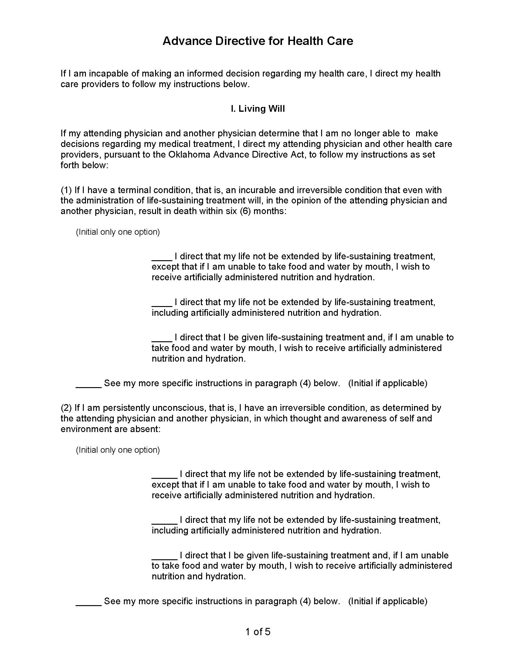 Oklahoma Will Forms Last Will And Testament Living Will 