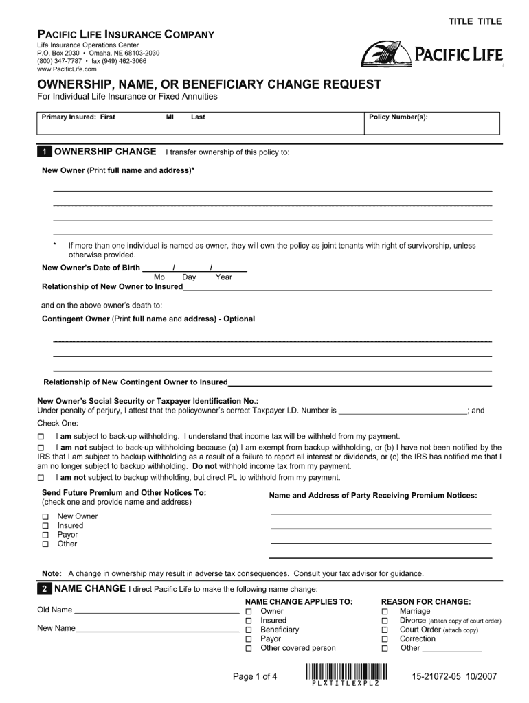 Pacific Life 15 21072 05 Form Fill Online Printable Fillable 