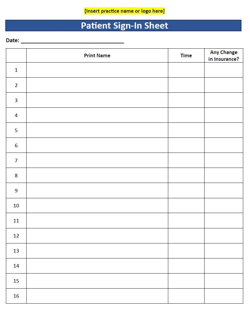 Patient Sign in Sheet Template word Editable Printable And PDF 