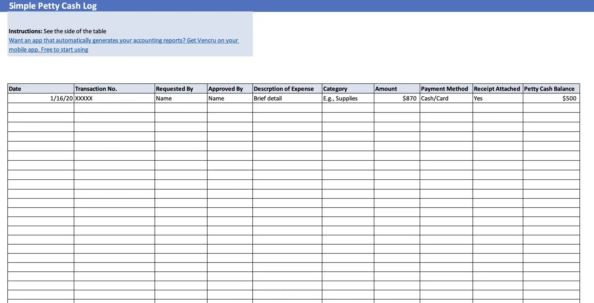 Petty Cash Log Template Vencru