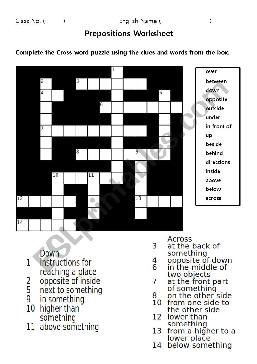 Prepositions Crossword Puzzles Printable