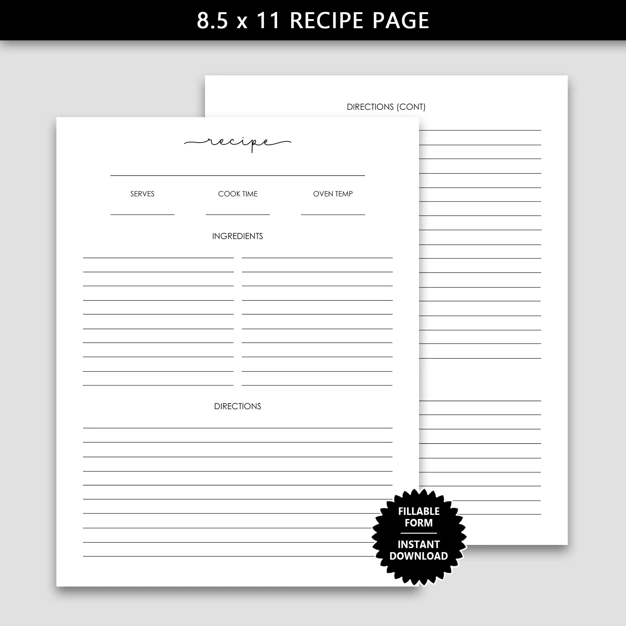 Printable 8 5 X 11 Recipe Page With A Fancy Style Title Fillable 
