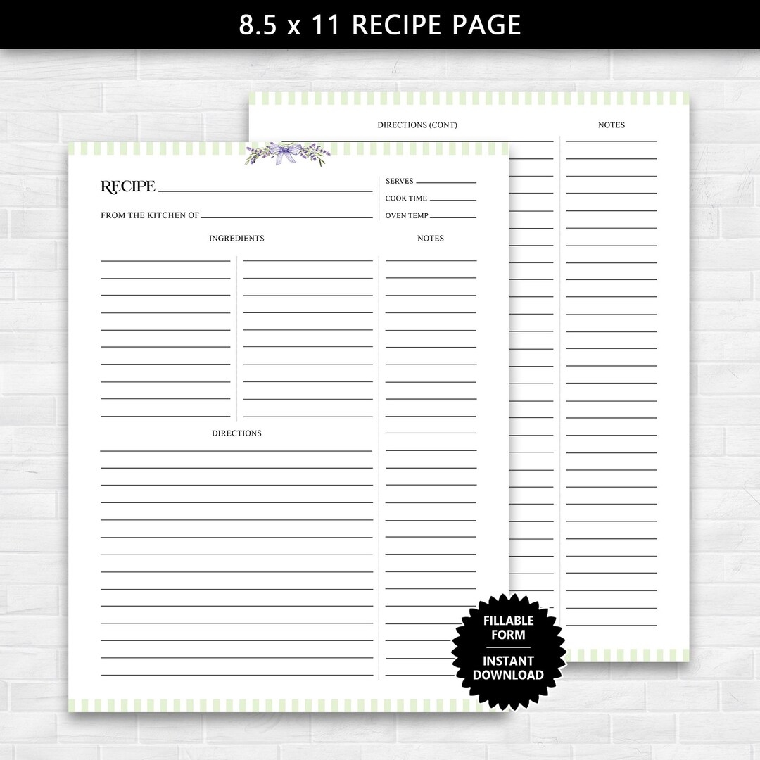 Free Printable Recipe Template 8.5 X 11