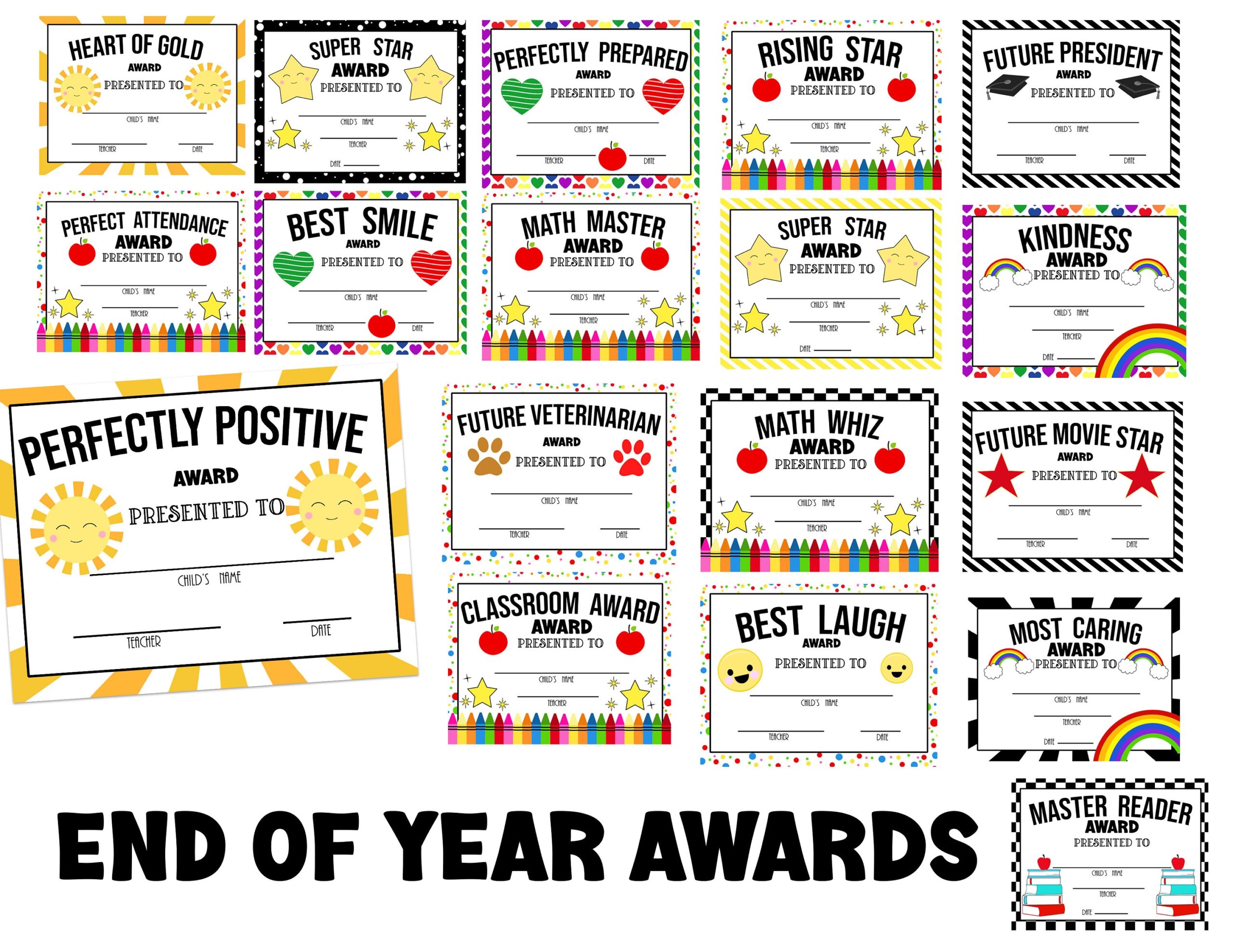 PRINTABLE End Of The Year Awards 72 Colorful Last Day Of School 
