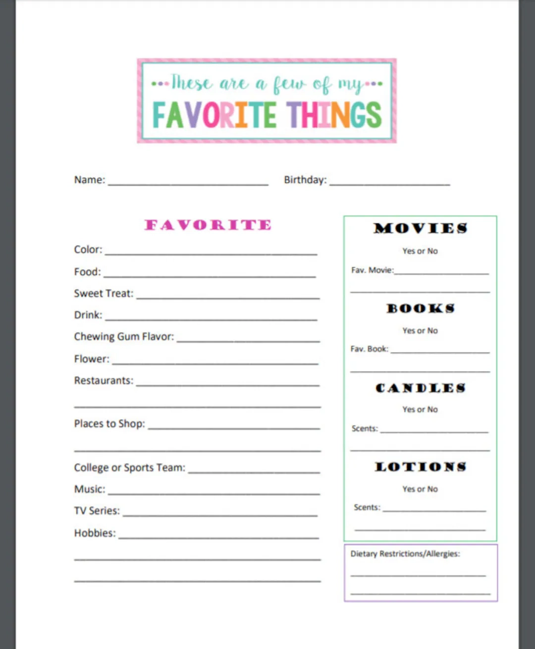 Printable Favorite Things Form Etsy Norway