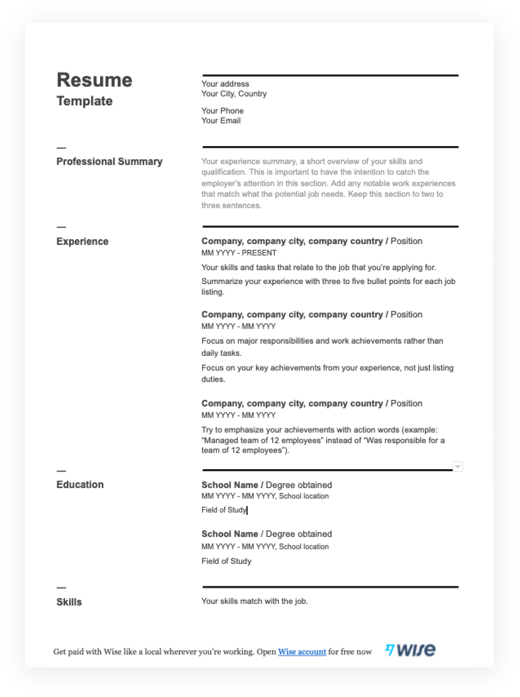 Resume Templates Printable
