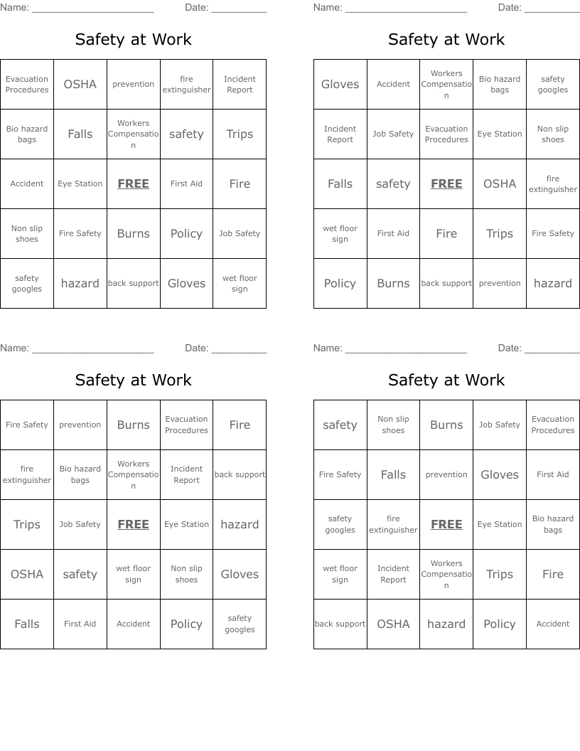 Safety At Work Bingo Cards WordMint