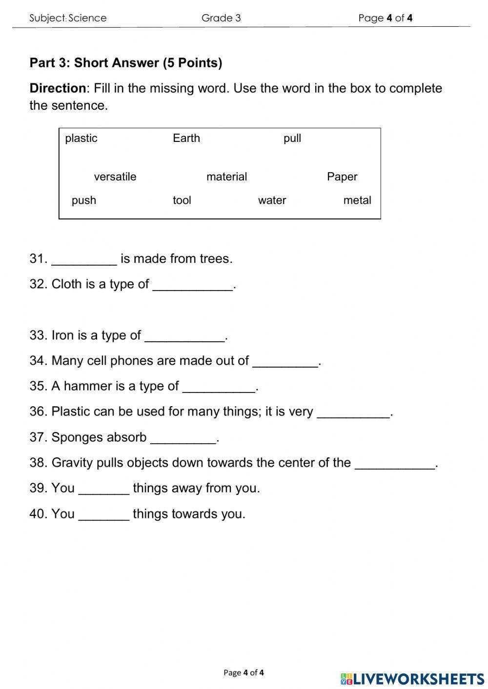 Science Worksheets For 3rd Graders Printable